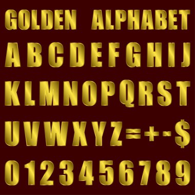 Tasarım kullanımı için koyu kırmızı arkaplanda gösterilen altın harfler ve numaralar. EPS 10