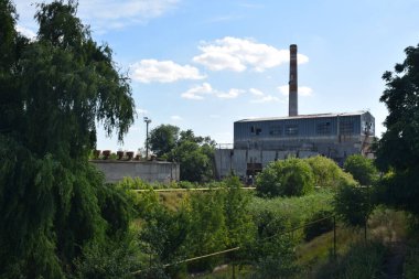 Önde gelen bir baca yığınına sahip endüstriyel yapı, canlı yeşillik ve ağaçların arasına yerleşmiş, doğa ve kentleşmenin yan yana gelişini vurguluyor.