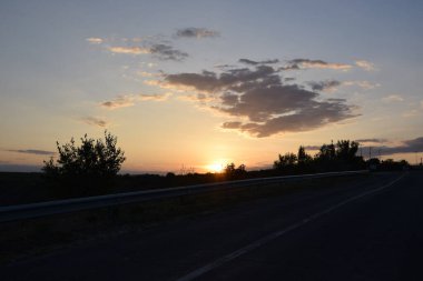 Dolambaçlı bir yol boyunca gün batımı manzarası, ağaçların ve bulutların siluetleri, doğal dünya ile bir barış ve bağlantı hissi uyandırıyor.
