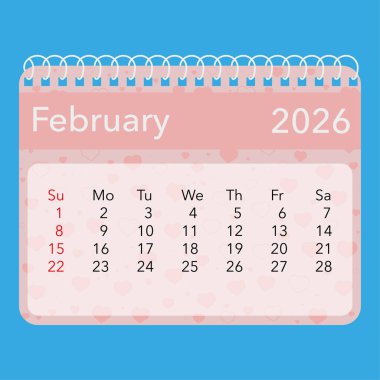 Şubat 2026 için takvim illüstrasyonunda kalp desenleri ve parlak mavi arkaplan yer alıyor. EPS 10