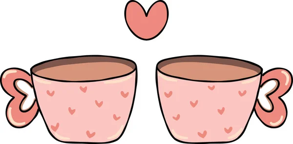 Kalp şeklinde sapları olan iki pembe kahve fincanı, sevimli sevgililer günü kafe karalaması, elle çizilmiş birkaç kupa..