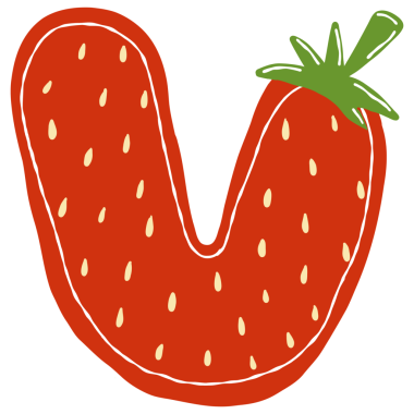 Çilekli V harfi, çizgi film stili.