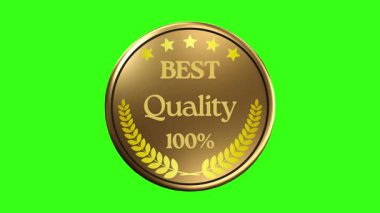 Yıldızlı altın kalite mühür ve parlak yeşil bir ekranda defne çelengi..