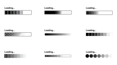 Farklı biçim ve yapılandırmalarda ilerleme gösteren çeşitli yükleme çubukları.