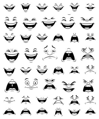 Çizgi film Ağız İfadeleri Seti. Komik Yüzler, Gülümsemeler ve Siyah-Beyaz Çizgi Sanatında Duygular.