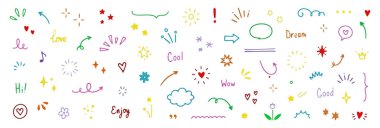 Beyaz arkaplan tasarımında dekorasyon için renkli el çizimi karalama elementleri.