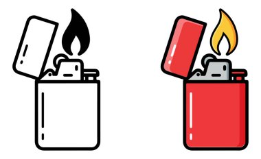 İki çakmak, biri siyah-beyaz, diğeri de beyaz arka planda alevler olan kırmızı..