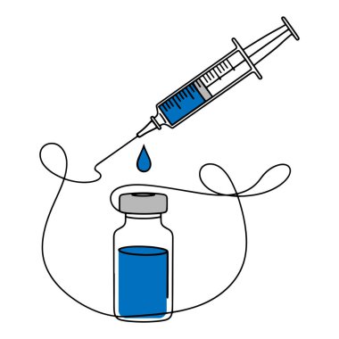 Şırınga şırıngası aşıyı beyaz bir arka planda sürekli olarak devam eden bir sanat tarzında bir şişeden enjekte ediyor..