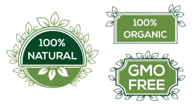 Yapraklı Doğal, Organik ve GDO 'suz Gıda Etiketi Vektörü.
