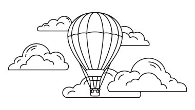 Kabarık çizgi film bulutlarının arasından yükselen bir sıcak hava balonunun basit siyah beyaz çizimi.
