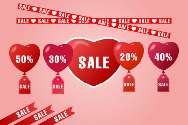 Sevgililer günü kalp şeklinde balonlar mevsimlik alışveriş promosyonları için çeşitli indirimler sunuyor..