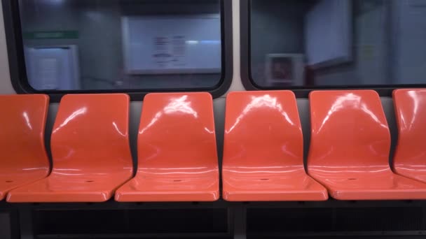 Empty Orange Seats Interior Subway Station Quarantine — Stock Video