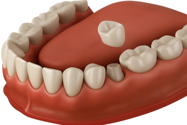 Kısmen göbeğine yerleştirilmiş bir taç olan tek bir diş implantı.