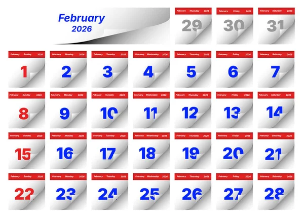 Beyaz arkaplanda temiz Şubat 2026 takvim şablonu, planlama ve etkinlik zamanlaması için mükemmel