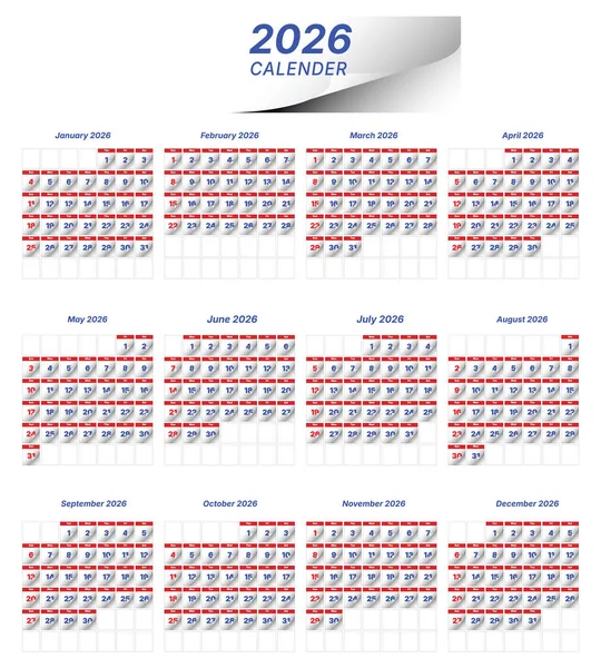 2026 takvimi, etkinlik planlaması için temiz modern düzenle beyaz arkaplanda izole edildi
