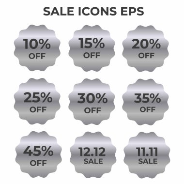 Yüzde indirimleri ve özel satış tarihleri olan gümüş satış simgeleri koleksiyonu, promosyon malzemeleri ve pazarlama kampanyaları için mükemmel.