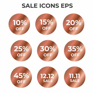Çeşitli indirim yüzdeleri ve satış tarihleri olan bakır renkli satış simgeleri koleksiyonu, promosyon materyalleri için mükemmel.