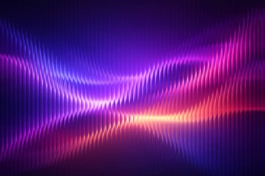 Canlı mor ve pembe renkleri olan soyut bir ses dalgası deseni.