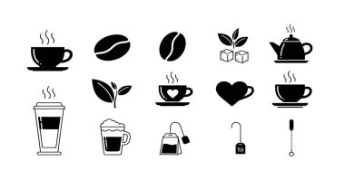 A set of black and white line art icons representing coffee and tea, including cups, beans, teabags, and brewing tools.
