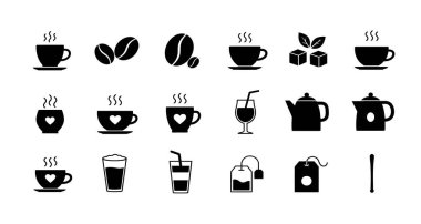 A collection of black silhouette icons representing various coffee and tea related items, including cups, beans, teapots, and glasses.