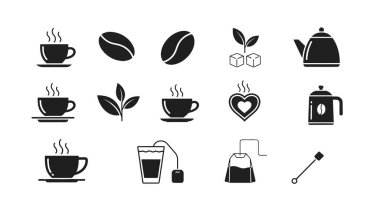 Collection of coffee and tea related icons, including cups, beans, leaves, kettles, and tea bags.