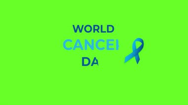 Küresel sağlık desteğini destekleyen yeşil arka planda mavi kurdeleli dünya kanser günü farkındalığı pankartı