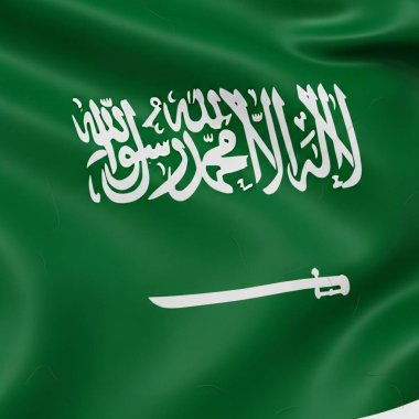 Suudi Arabistan bayrağının nazikçe dalgalandığı yakın çekim. Beyaz kılıcın üzerinde beyaz Shahada 'lı yeşil bayrak var. Kumaş ince kıvrımlar ve röfle ile pürüzsüz görünür, bir akış etkisi yaratır