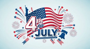 4 Temmuz Bağımsızlık Günü kutlaması, Amerikan bayrağı, Özgürlük Heykeli, Özgürlük Çanı, havai fişekler, vatansever vektör illüstrasyonu, ABD bayrağı, ABD bağımsızlık günü