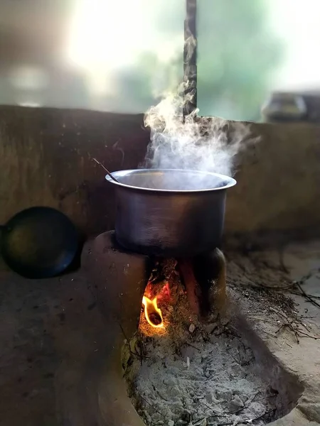 Традиционный Способ Приготовления Пищи Открытом Огне Старой Кухне Деревне Раджастан — стоковое фото