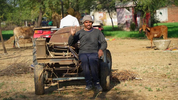 Satisfeito Menino Bonito Desfrutando Sua Vida Com Sentado Máquina Trrasher — Fotografia de Stock