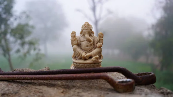 Lorde Ganesha Ganpati Isolados Uma Coluna Áspera Fundo Enevoado Cultura — Fotografia de Stock