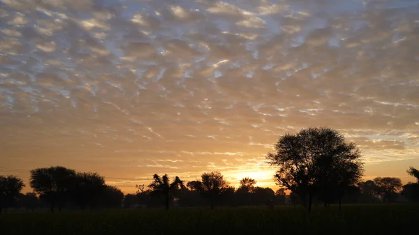 夕方には風景の上にホバリング雲の白い光パターン 黄金の太陽が自然から消え闇に現れる — ストック写真