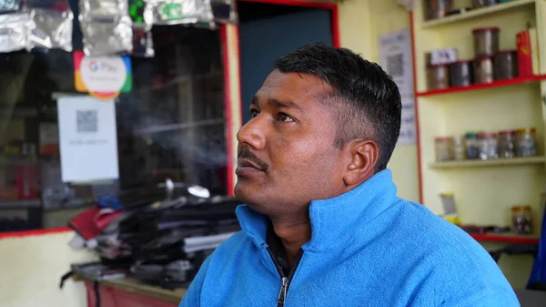 Side View Shot Professional Indian Man Exhaling Smoke Clouds His — Stock Photo, Image