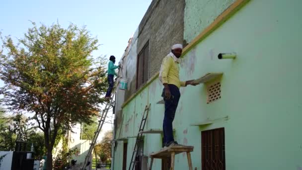 Pintores indios profesionales en escalera con el cubo de color y el rodillo. Pintor de color renovando las paredes con el color. — Vídeo de stock