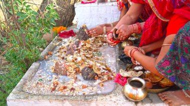 Pious Kheer (süt bazlı tatlı) ve Puri (buğday ekmeği) bir tanrı heykelinin üzerinde. Hindu tanrısı için kutsal yemekler..
