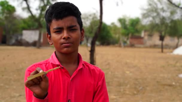 Индийский мальчик стоит с игрушечной ветряной турбиной в руке летом. Запись из штаба. — стоковое видео
