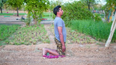 Sağlıklı bir adam parkta yeşil çimenler üzerinde egzersiz yapıyor. Yoga günü konsepti