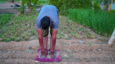 Gün doğumu, Namaste Lotus pozu. Meditasyon ve rahatlama. Hintli adam yoga günü yoga yapıyor..