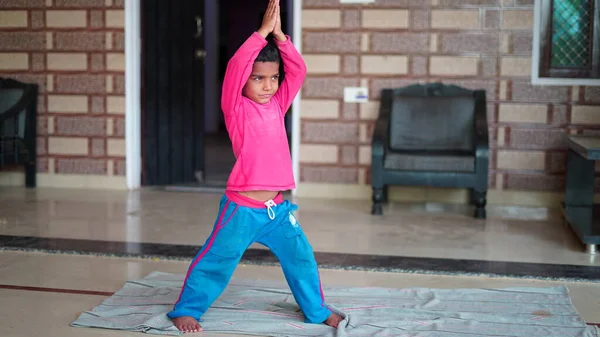 Indian Cute Little Boy Exercising Home Family Working Out Home — Stok fotoğraf