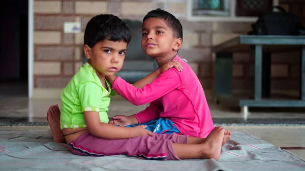 Indian Little Boy Girl Exercising Home Family Working Out Home — Stok fotoğraf