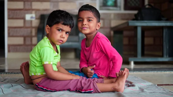 Indian Little Boy Girl Exercising Home Family Working Out Home — Stok fotoğraf