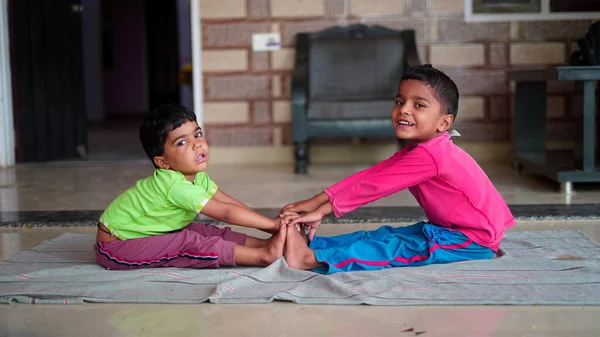 Indian Little Boy Girl Exercising Home Family Working Out Home — Zdjęcie stockowe