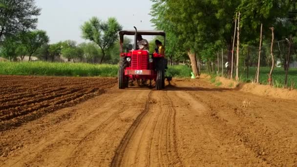 Enfoque selectivo, Trabajo agrícola en el campo, agronegocios. Trabajos de tractores en el campo de tierra marrón de la aldea — Vídeo de stock