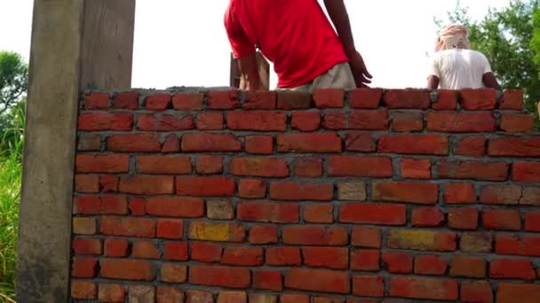 Hausbau hautnah. Großaufnahme eines Mannes, der ein Backsteinhaus baut. Verlegung roter Ziegel auf einer Baustelle an einem sonnigen Tag. — Stockvideo