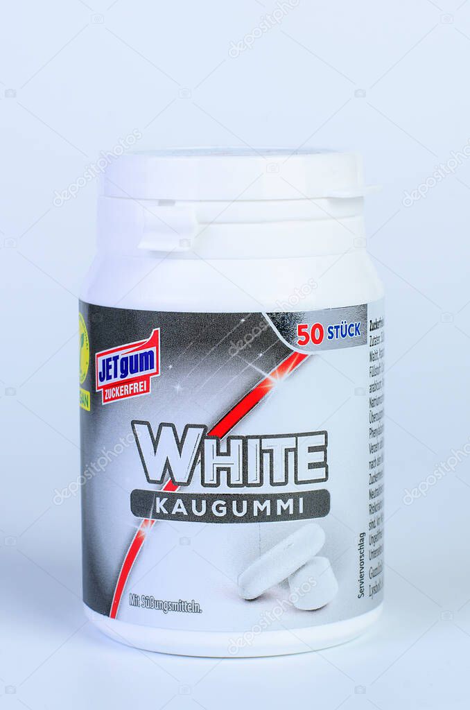 Iserlohn Germany October 26 2025 Wrigleys White Jet chewing gum pack on gray background