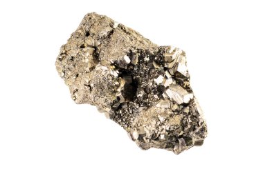 Beyaz arkaplanda izole edilmiş Pyrite mineral numunesi, yakın çekim stüdyo çekimi