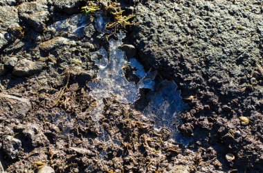 Karanlığın üzerinde eriyen ince buza yakın çekim, kuru çimenler ve çakıl taşlarıyla nemli toprak.