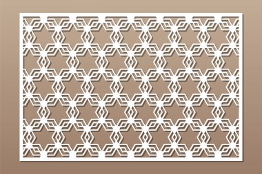 Dekoratif kartı kes. Çizgi, yıldız, arabesk deseni. Lazer kesiği. Oranı 3: 2. Vektör illüstrasyonu.