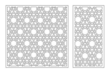 Dekoratif kartı kes. Çizgi, Arap, dokuma, desen. Lazer kesiği. Oran 1: 1, 1: 2. Vektör illüstrasyonu.