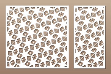 Dekoratif kartı kes. Doğrusal geometrik yıldız deseni. Lazer kesiği. Oran 1: 1, 1: 2. Vektör illüstrasyonu.